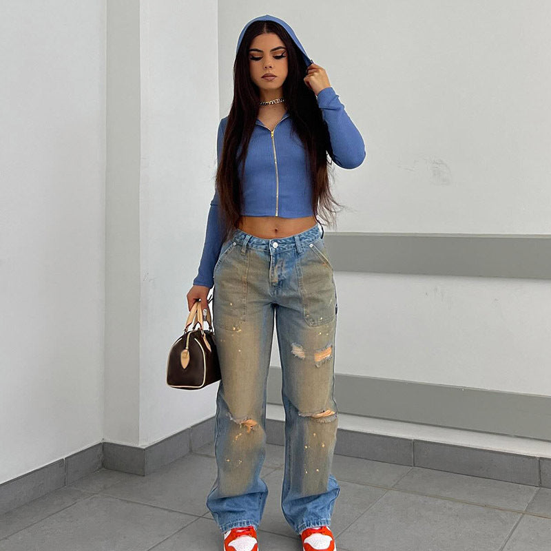 Dam Jeans Hög Midja Löst Fit Raka Ben Bomull 5