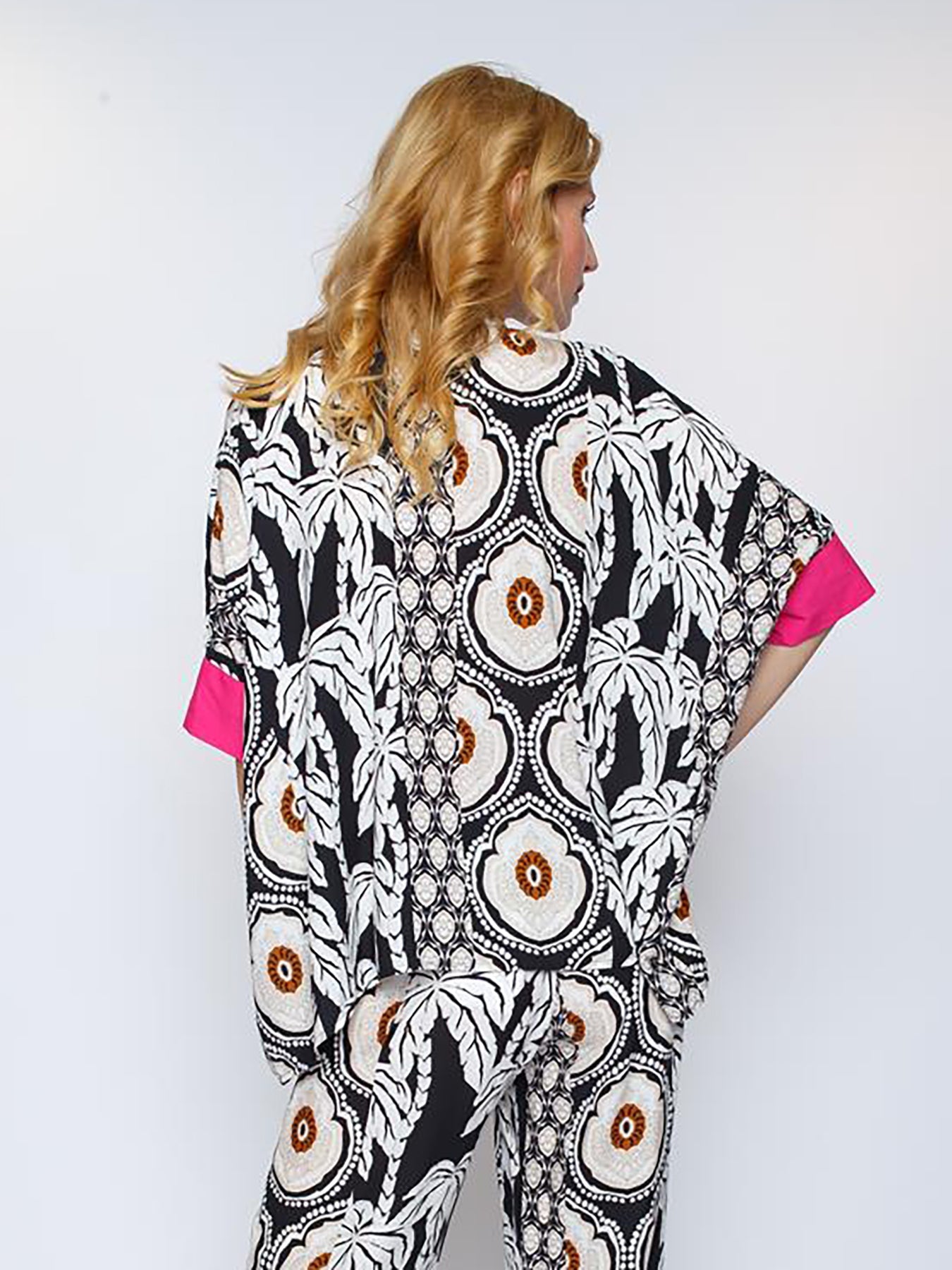 Dam Blus Etno Kylig Krage Viskos Rosa Leo Mönster-4