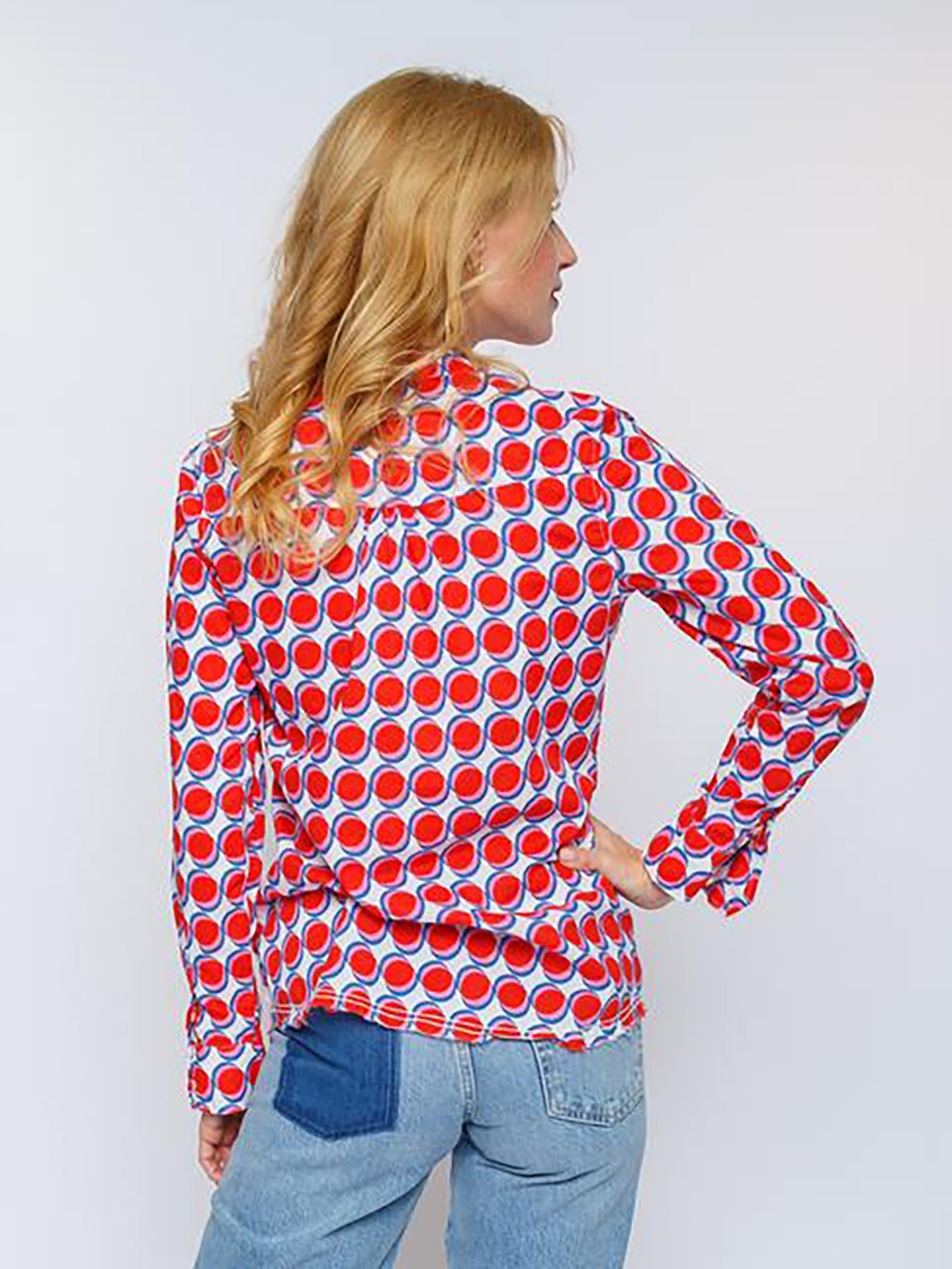 Dam Blus Prickig Bomull med Stand-Up Krage och V-Hals-3