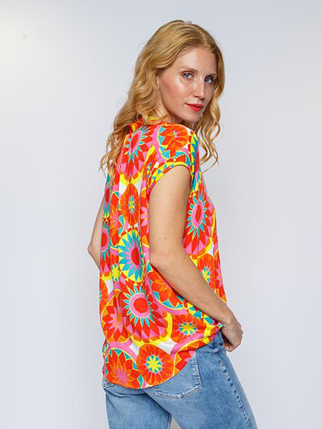 Dam T-Shirt Mandala Mönster 100% Bomull Med Överdimensionerad Ståkrage-3