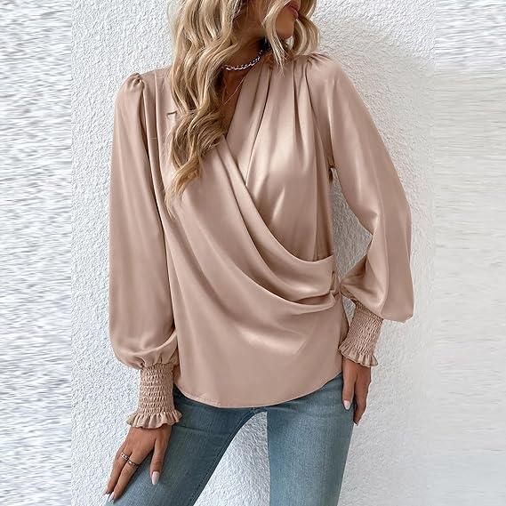 Dam Blus V-ringning Ballongärmar Polyester-6
