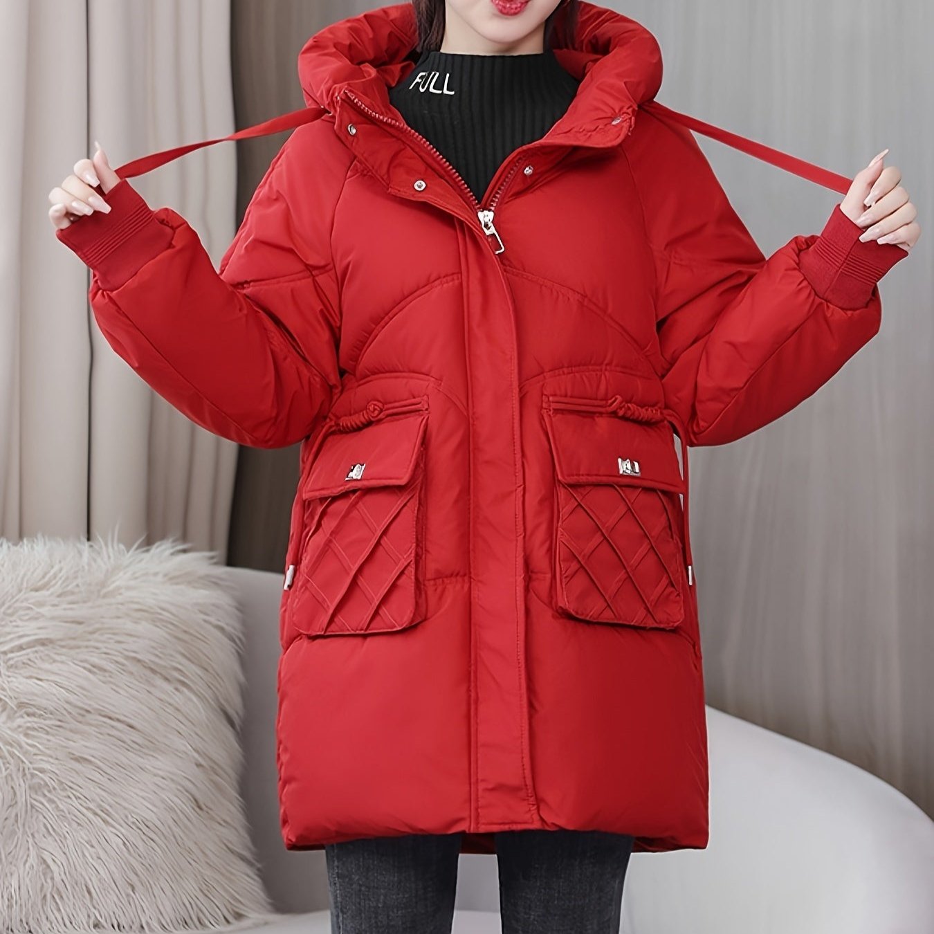 Dam Hoodie Puffy Med Dragkedja Polyester Vinter 4