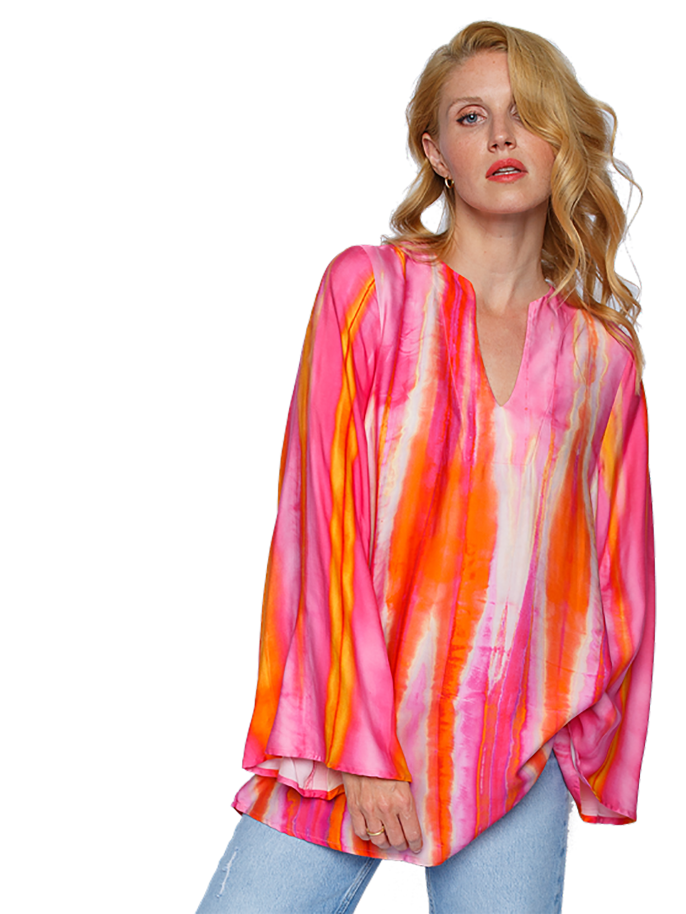 Dam Blus Batiktryck V-hals Viskos-Satin-1