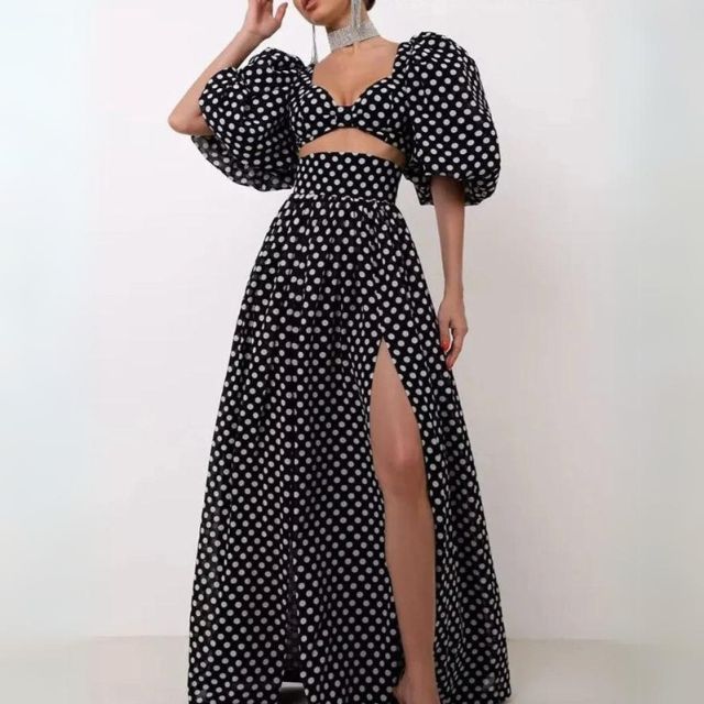 Variant image for Dam Tvådelad Set Puffärmar Maxikjol Polyester Sommarkläder-1