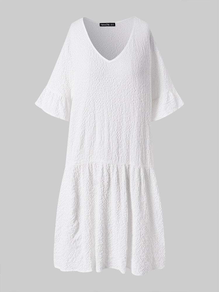 Kvinnors Midi Klänning V-ringning Kortärmad Polyester-6