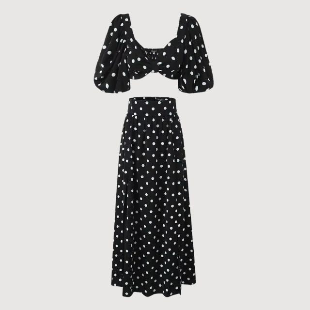 Dam Tvådelad Set Puffärmar Maxikjol Polyester Sommarkläder-4