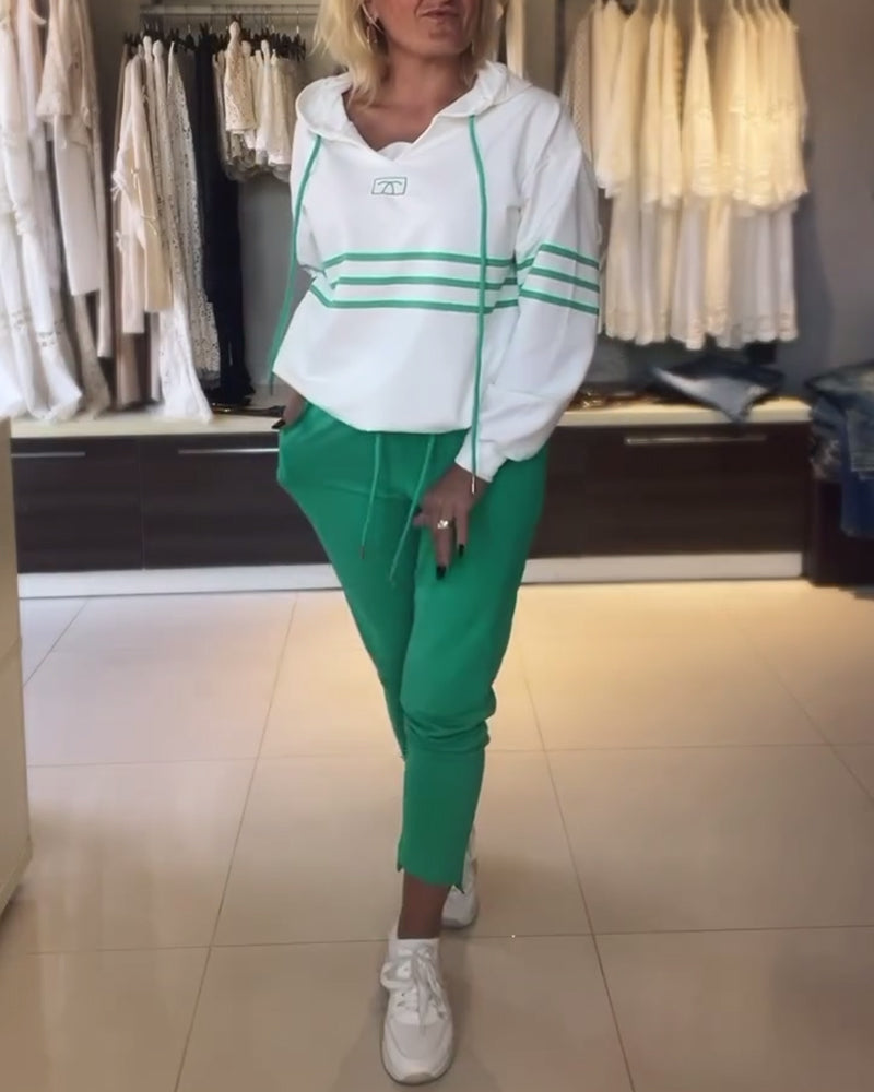 Dam Byxuppsättning Randiga Byxor Huvajacka 100% Bomull-2