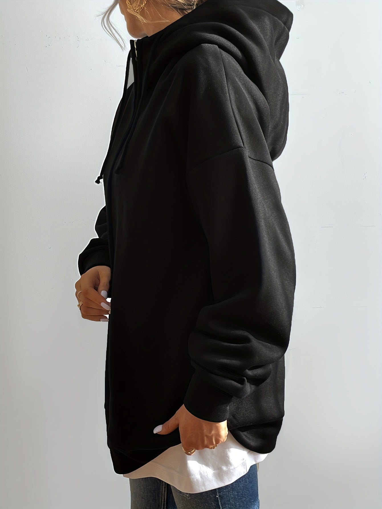Lång Hoodie Dam Zip-up Plysch för Kalla Dagar-2