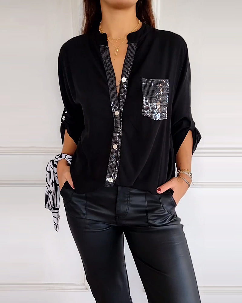 Vit Blus med V-Hals och Paljetter för Dam – Lång Loose Fit, Elegant och Bekväm, Perfekt för Vardag och Fest 1