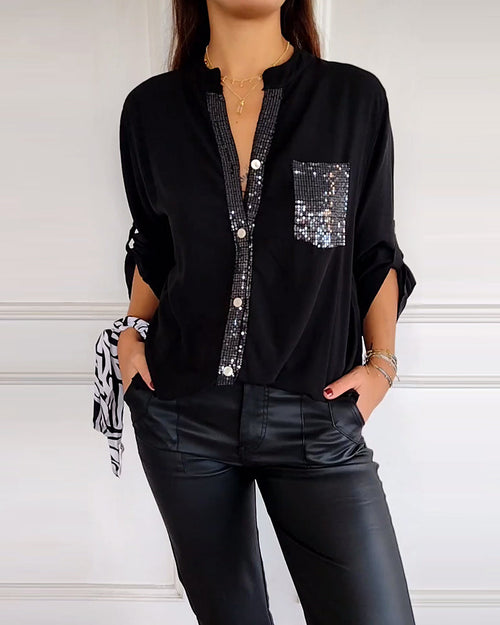 Vit Blus med V-Hals och Paljetter för Dam – Lång Loose Fit, Elegant och Bekväm, Perfekt för Vardag och Fest 1