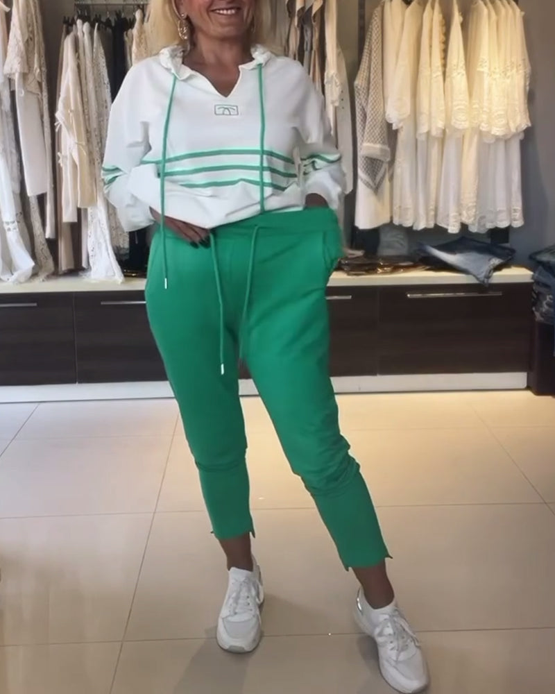 Dam Byxuppsättning Randiga Byxor Huvajacka 100% Bomull-6