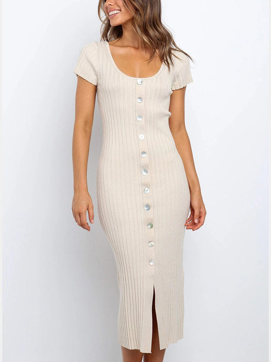 Kvinnors Midi Klänning Bodycon Stretch Puffade Ärmar-1