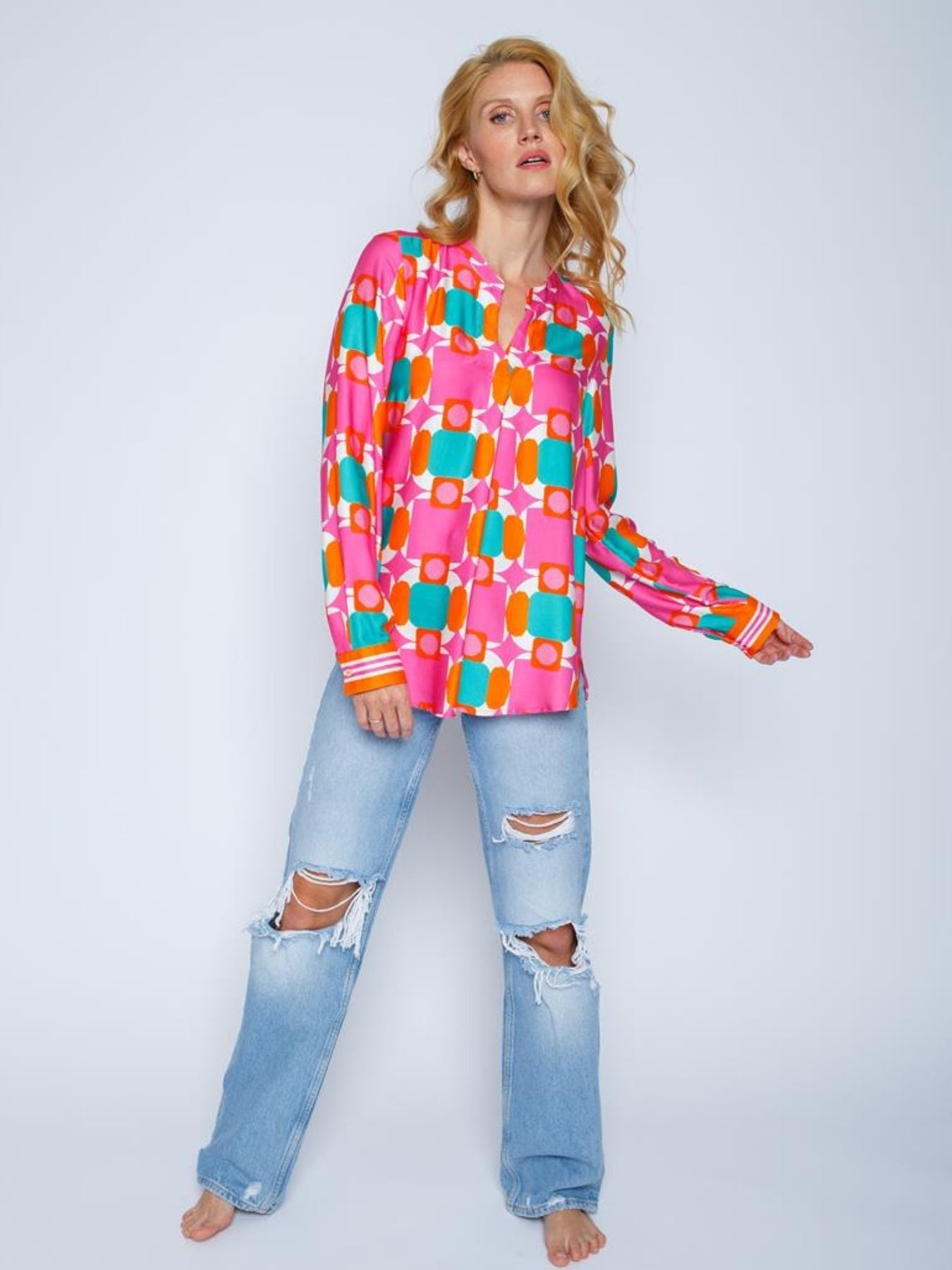 Blus Dam Geometrisk Design Viskos Satin Avslappnad Snitt-2