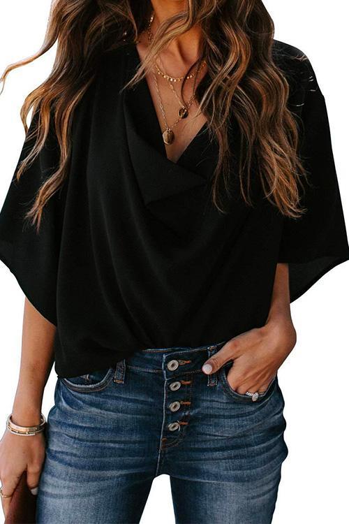 Dam Blus Draperad Chiffon Korta Ärmar-4