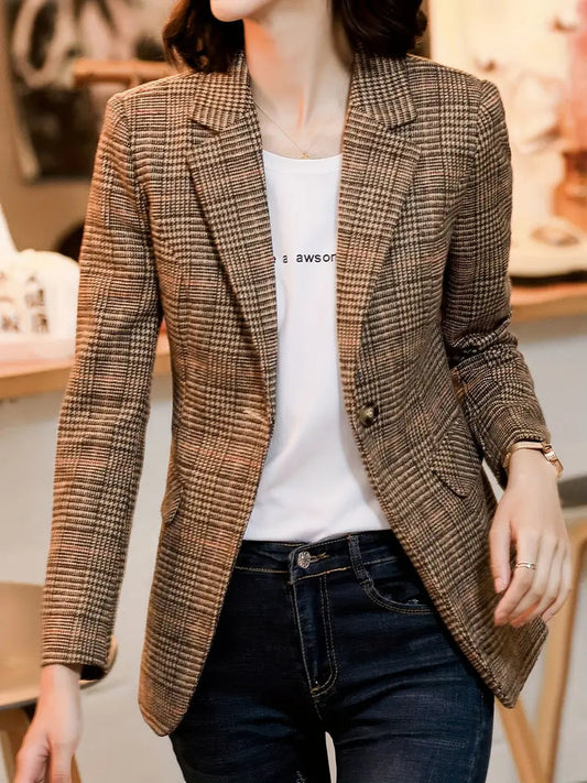 Rutigt Dam Blazer med En-Knappsstängning och Distinkt Lapel – Högkvalitativt Tyg för Elegant Stil 1
