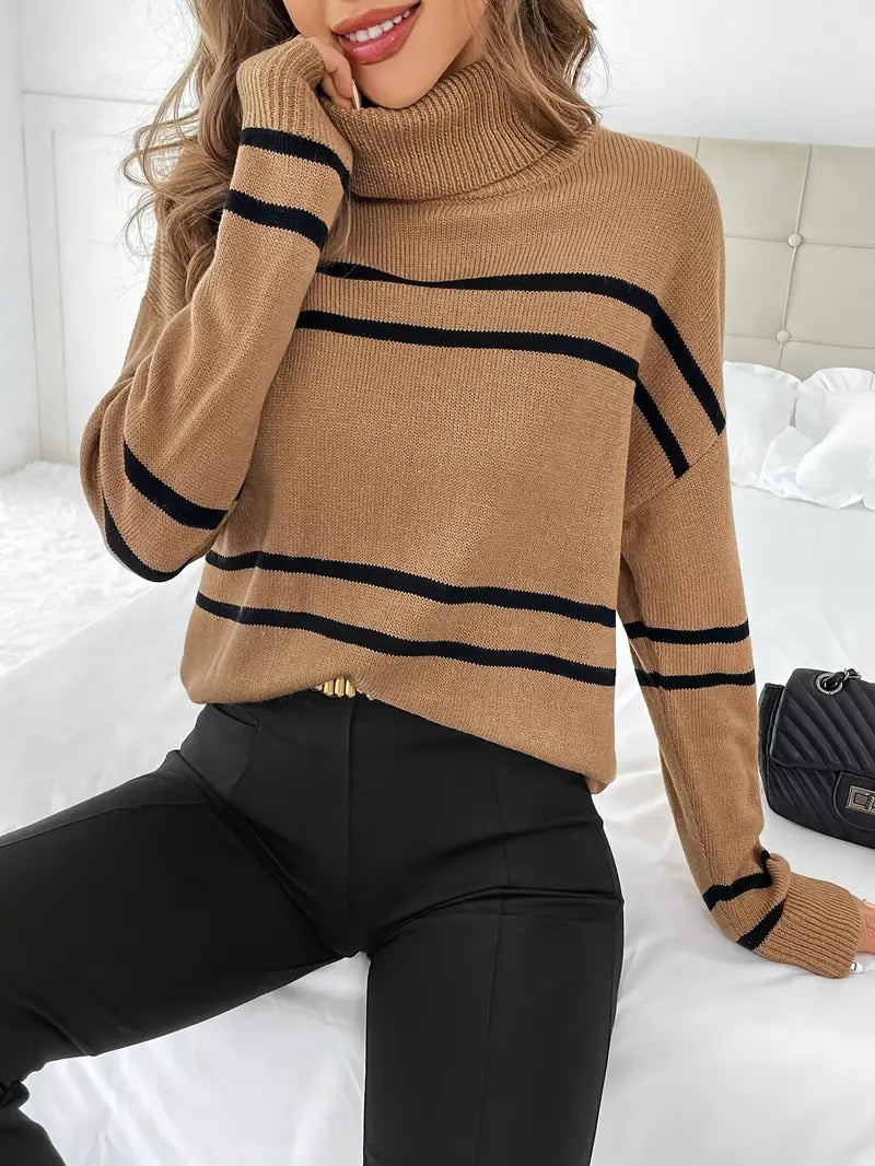 Kvinnors Turtleneck Tröja Boho Randig Mjuk Tygblandning-3