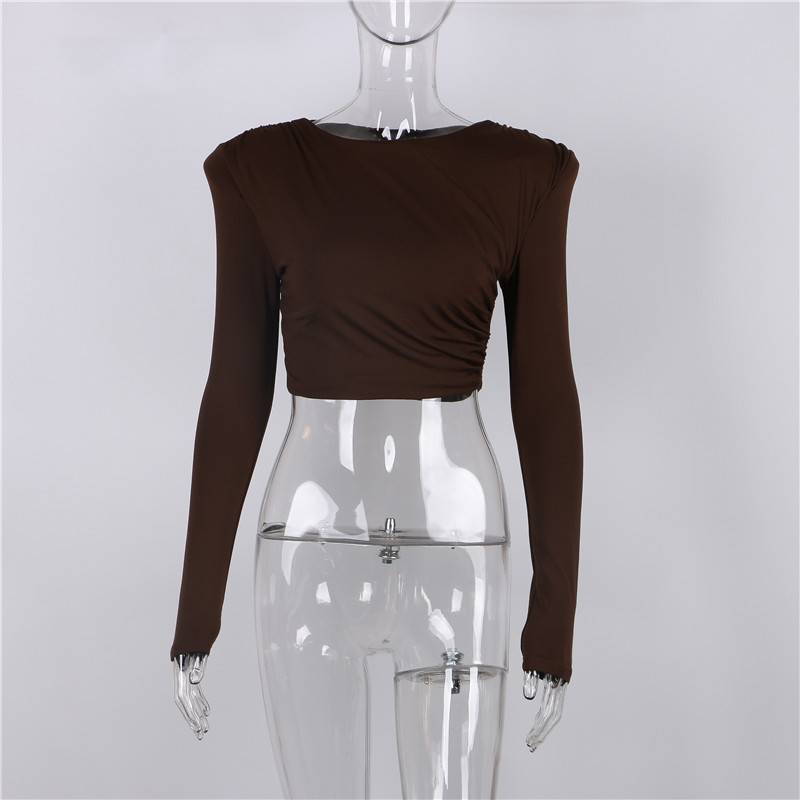 Dam Topp Avskuren Chic Vävt Polyester Lång Ärma-3