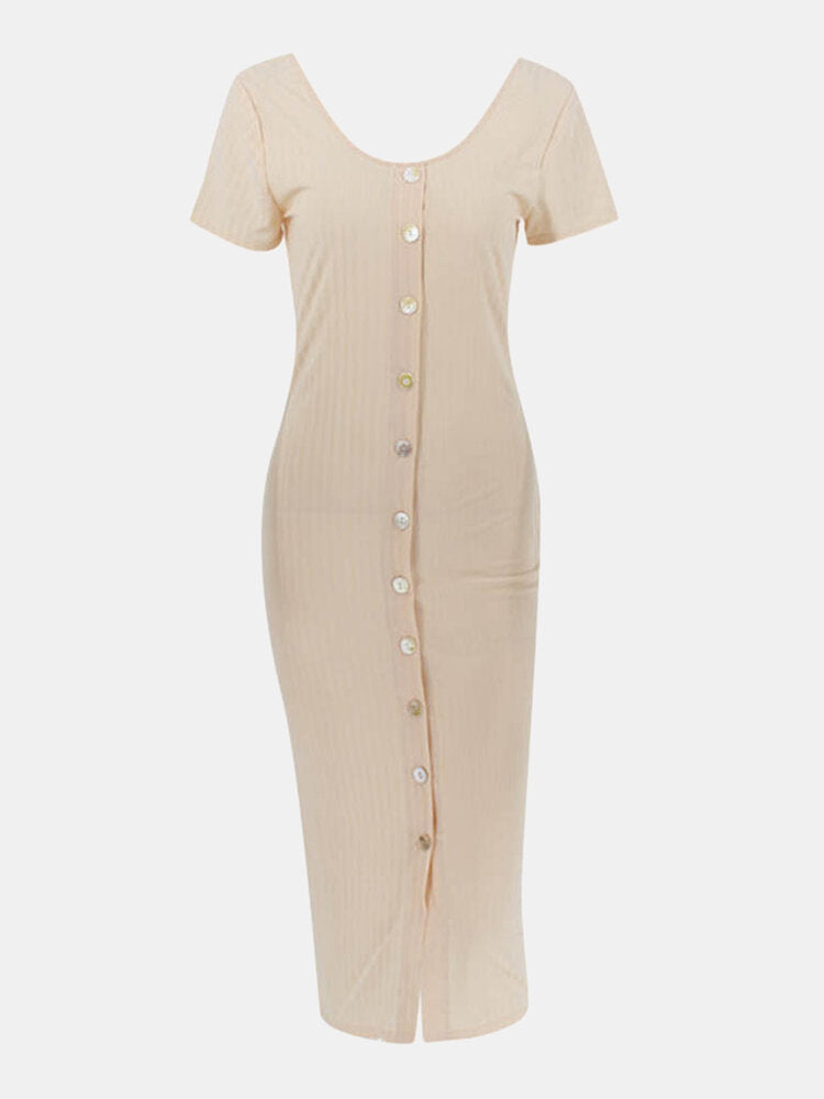 Kvinnors Midi Klänning Bodycon Stretch Puffade Ärmar-6