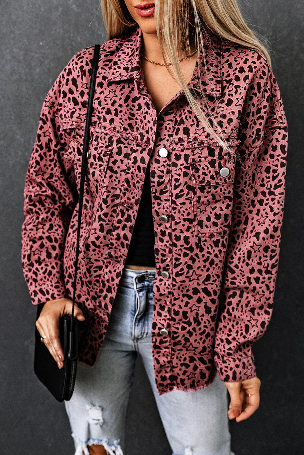 Variant image for Jeansjacka Dam Leopardmönster Avslappnad Bomull-1