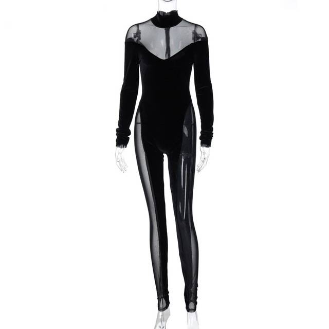 Dam Jumpsuit Långärmad Turtleneck Transparent Mesh Polyester Spandex-6