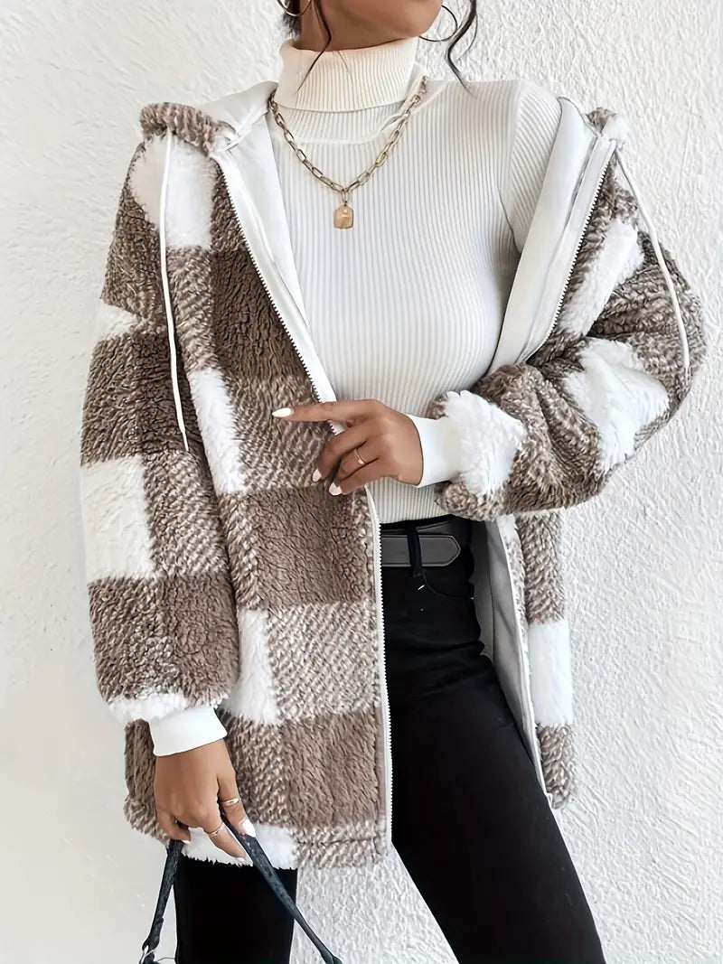 Damjacka Hoodie i Teddy Material med Kontrollerat Mönster-2