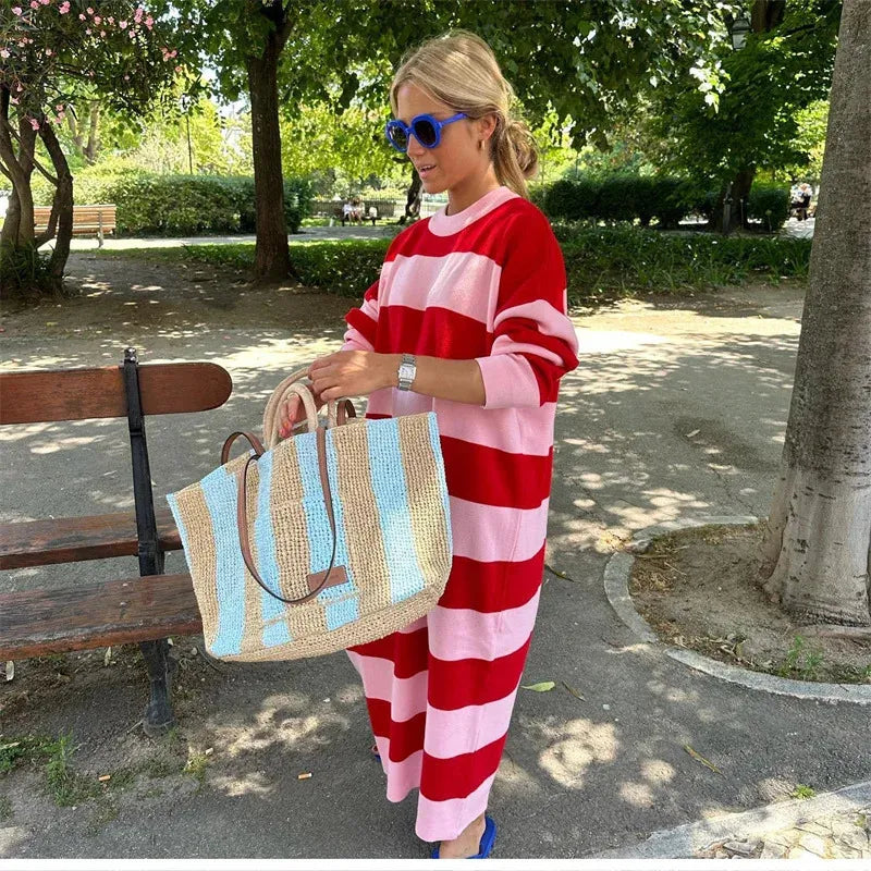 Dam Midiklänning Randig Stretchigt Material Elegant Passform-2