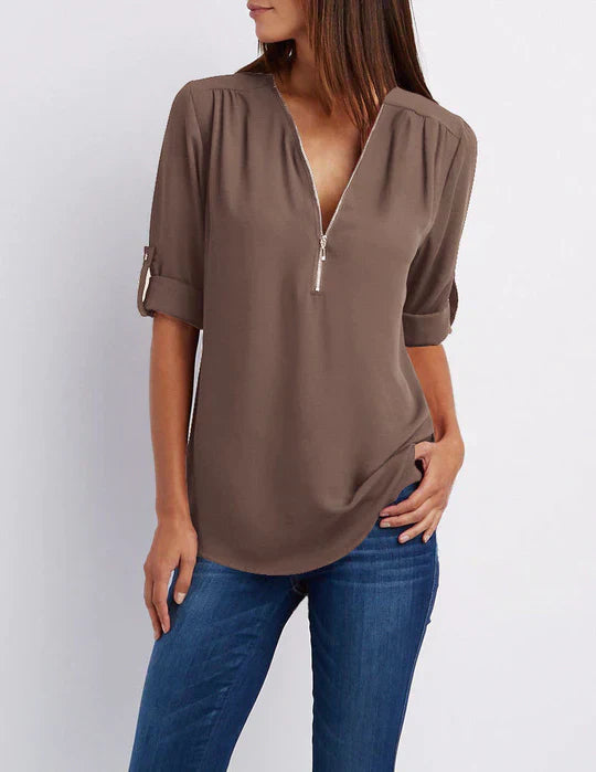 Dam Skjorta Halv Dragkedja Andningsbart Material Loose Fit-3