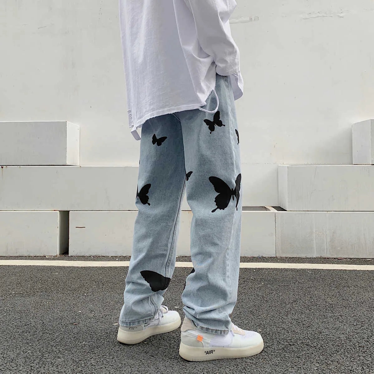 Kvinnor Baggy Jeans Fjärilstryck 100% Bomull-5