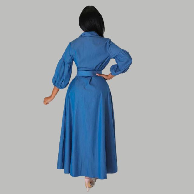 Dam Midi Klänning med Knapp och Fickor, Elegant Bälte och Spetsig Krage, Polyester-3