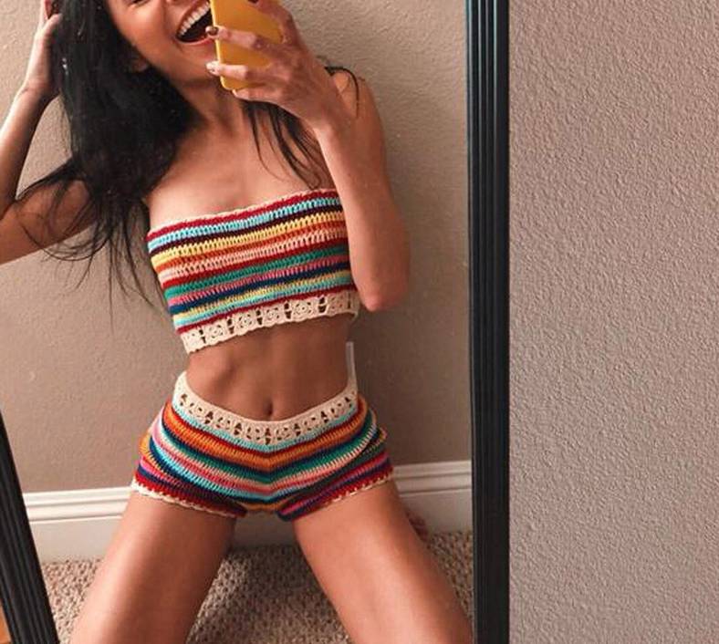 Randig Bandeau Bikini för Dam med Elastisk Midja – Badkläder i Bomull och Polyester, Enhetsstorlek 5