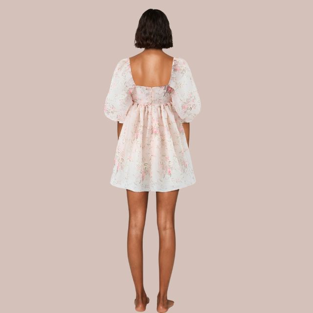 Dam Mini Klänning med Vinkelhalsring och Puffärmar i Polyester-6