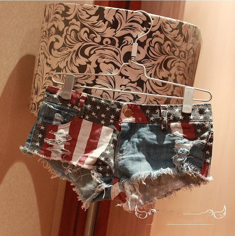 Damshorts Låg Midja Denim Amerikanskt Flaggmönster med Sprickdetaljer-6