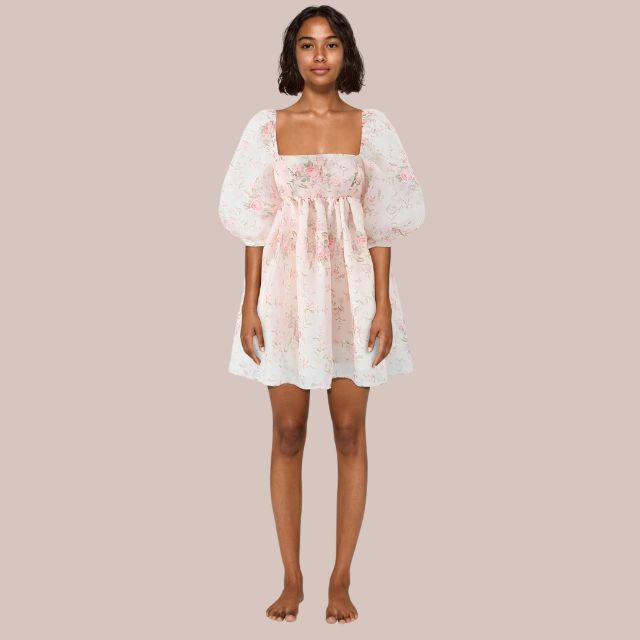 Dam Mini Klänning med Vinkelhalsring och Puffärmar i Polyester-5