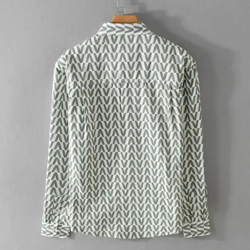 Mäns Mönstrad Skjorta Geometrisk Bomull med Knapp och Fickor-2