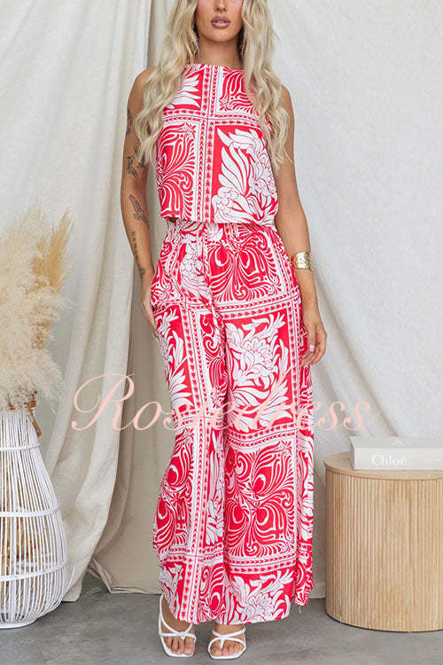 Dam Skördetopp och Tryckta Byxor med Elastisk Midja i Bomull och Polyester-2