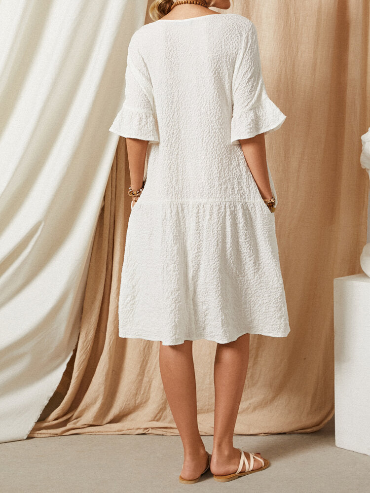 Kvinnors Midi Klänning V-ringning Kortärmad Polyester-3