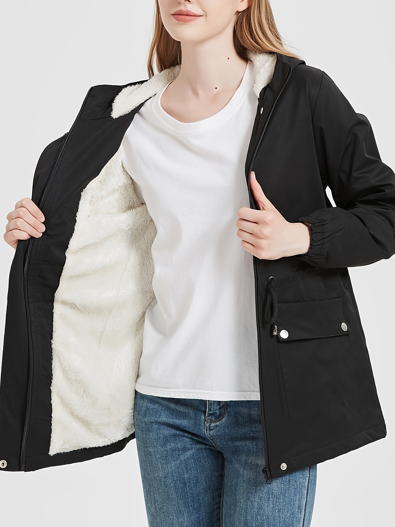 Dam Lång Vinterjacka Fleece Parka Med Huva-1