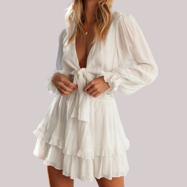 Dam Wrap Klänning med Ruffles och Djup V-hals i Polyester-1