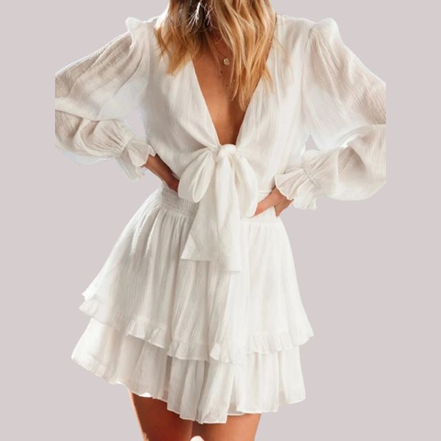 Dam Wrap Klänning med Ruffles och Djup V-hals i Polyester-2