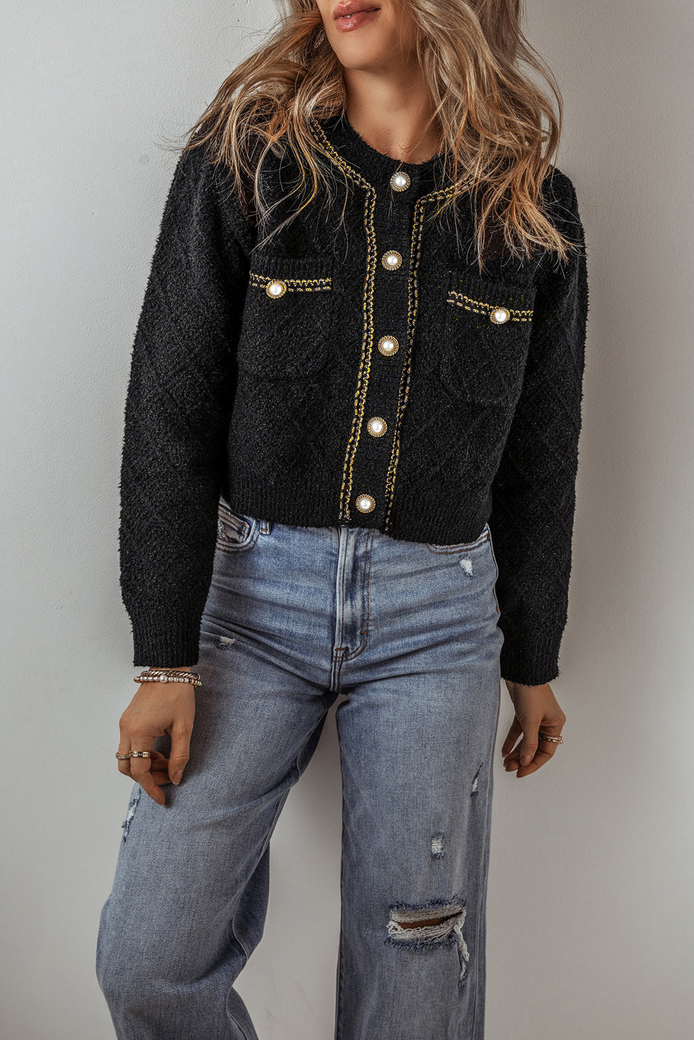 Dam Cardigan med Knappdesign och Fickor i Högkvalitativt Tyg-4