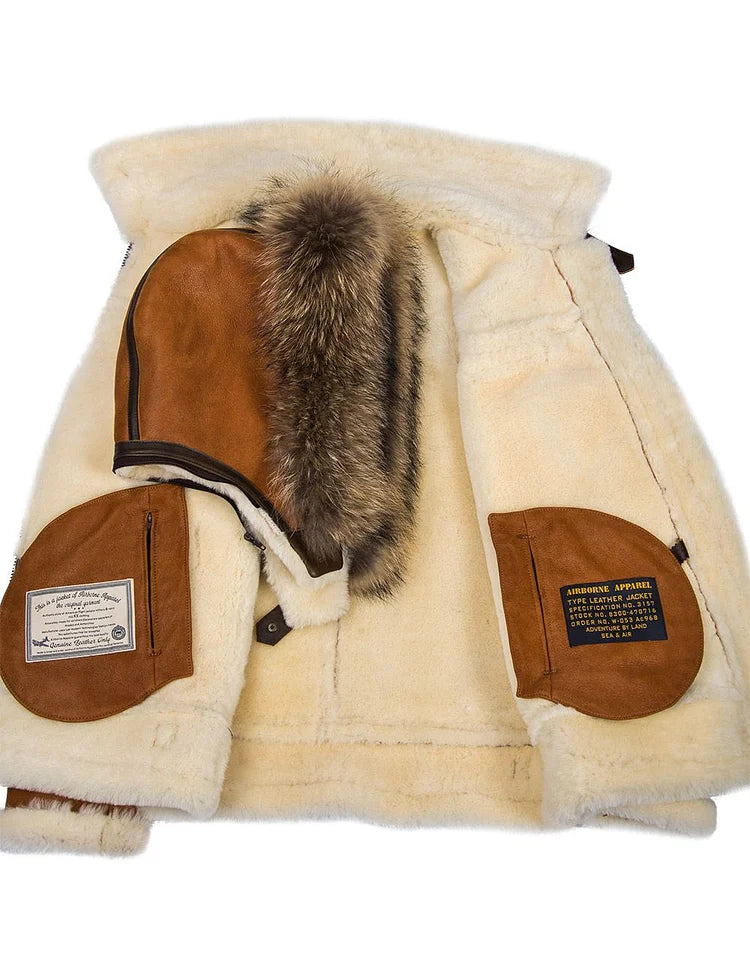 Herrjacka Vinter Läder med Shearling Detaljer-5