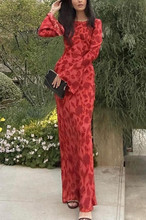 Maxiklänning Dam med Blommönster och Långa Ärmar i Bomull och Polyester-5