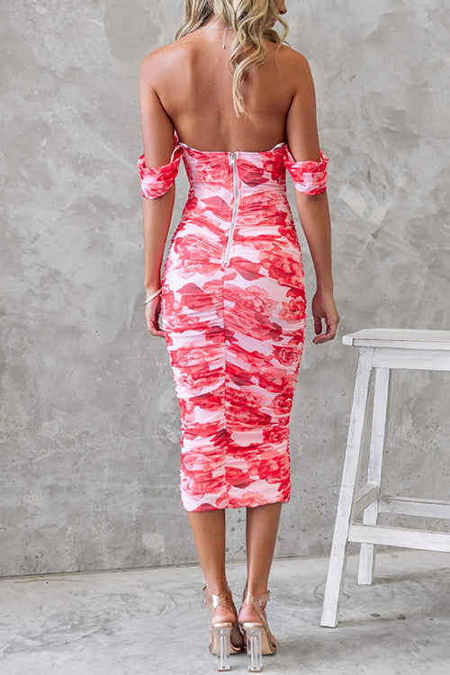 Fina Dam Klänningar Off Shoulder Blommig Midi Mesh Bomull Polyeter-3