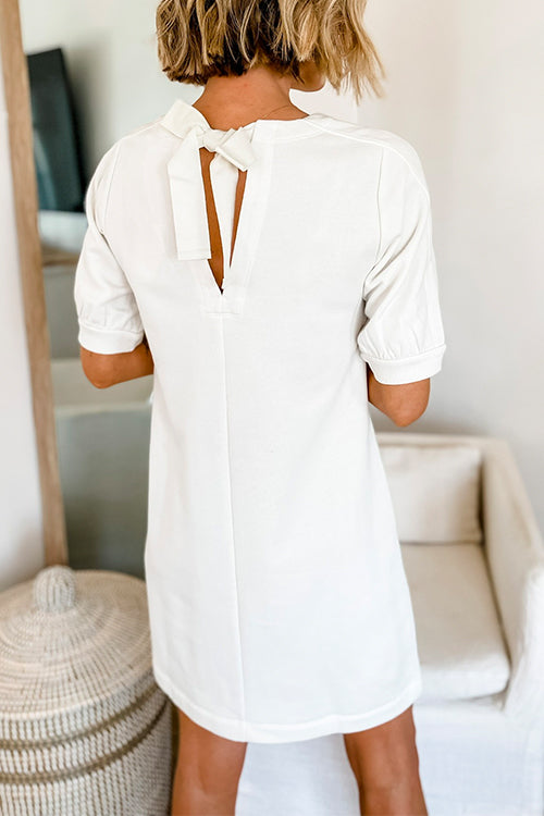 Kort Klänning Dam med Kort Ärmar, Vit Mini Skiftklänning i Bomull och Polyester med Unik Vargdesign 7