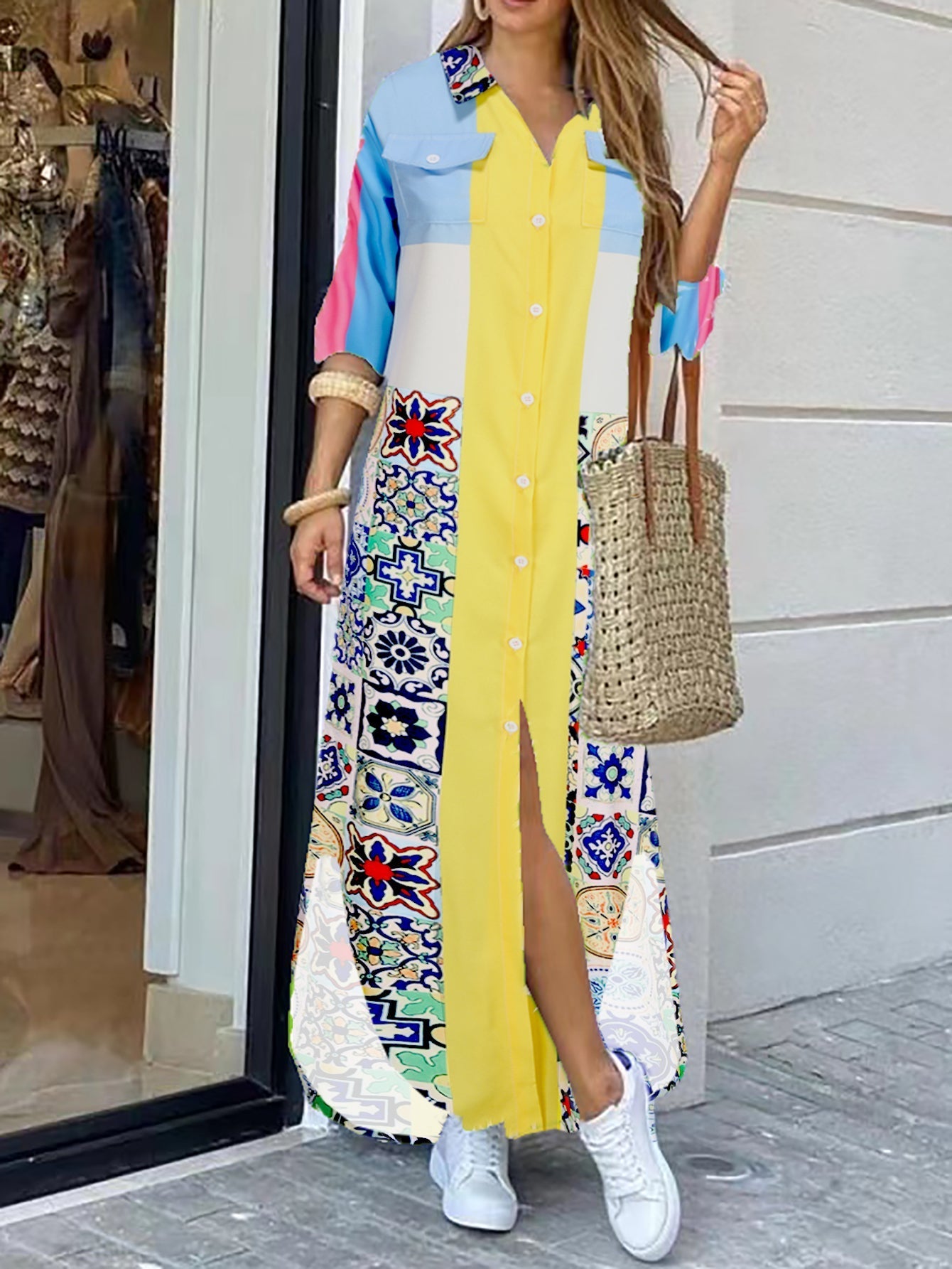 Variant image for Dam Långärmad Klänning Abstrakt Blommönster Polyester Midi Långklänning Fest-1