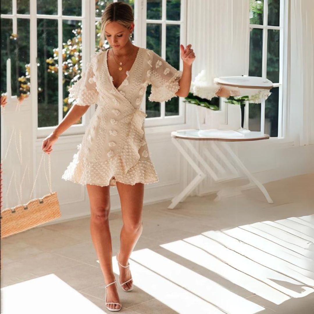 Kvinna Spetsklänning V-hals Fladderärmar Spets-2