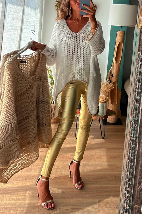 Dam Tröja V-ringning Dolmanärm Oregelbunden Design Bomull Polyester-3