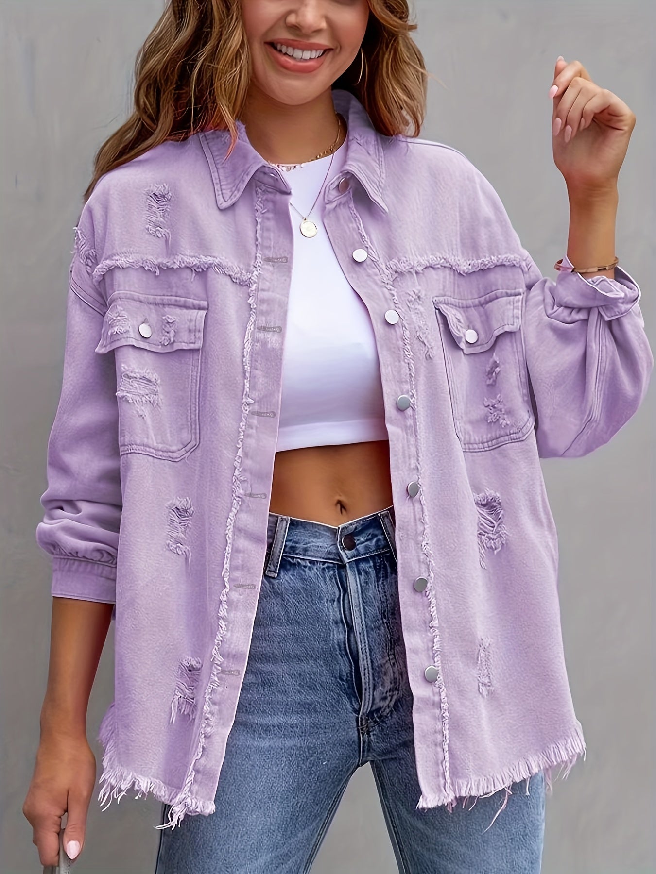 Överdimensionerad Denimjacka Damer Rippade Detaljer Högkvalitativ Denim 4
