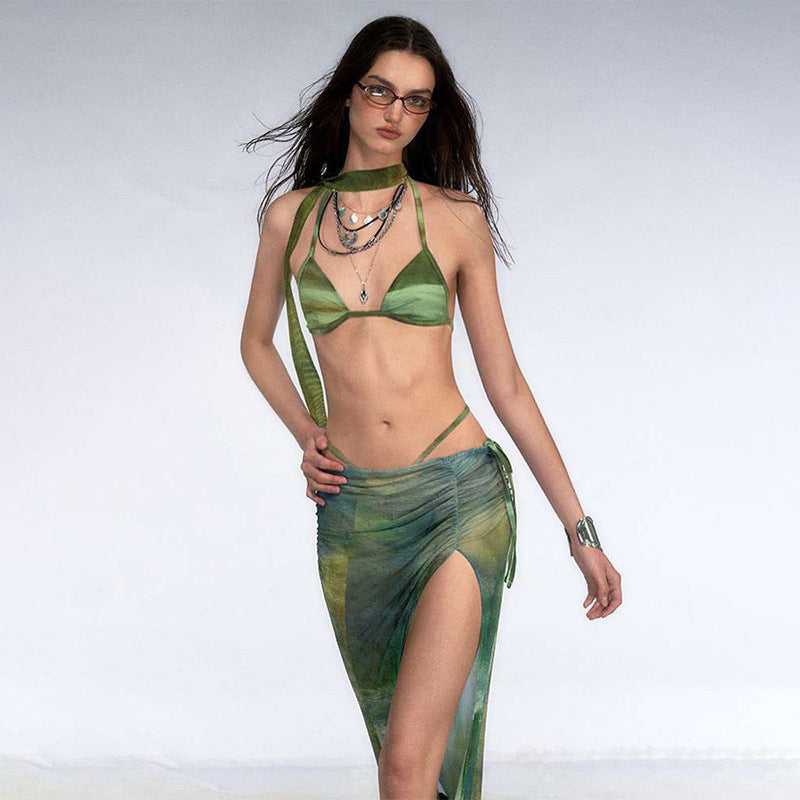 Dam Triangulär Bikini Mönstrad Nylon med Halsduk-3