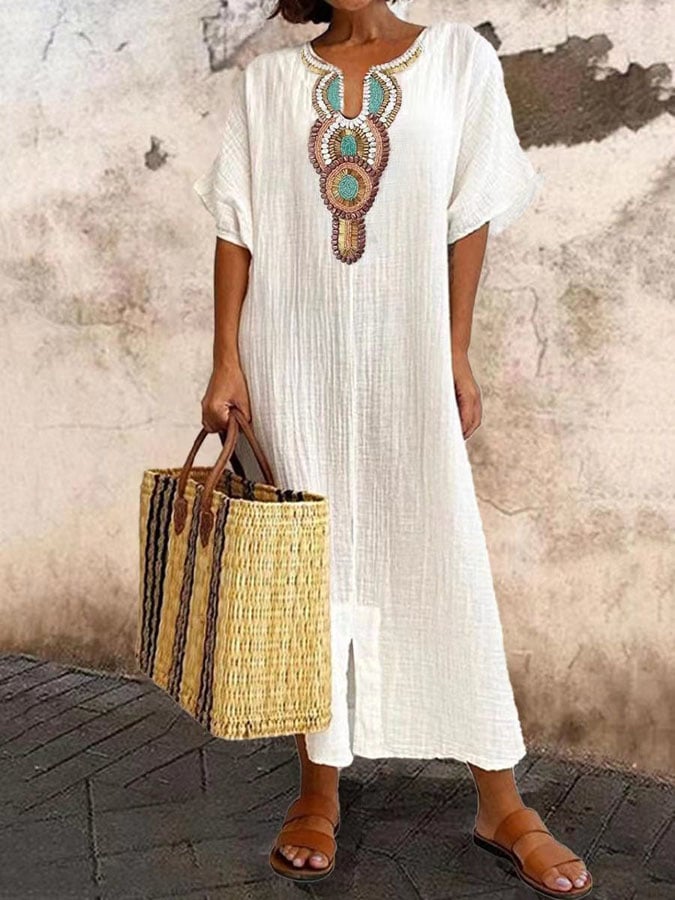 Variant image for Dam Klänning Kaftan Maxi med Broderi i Bomull och Linne-1